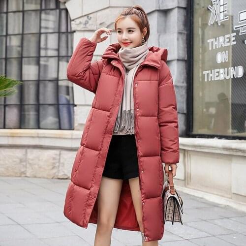 Long Fund Overknee Down Jackets Woman 2019 Winter New Pattern Korean Plane Package Serve Color Hat Single Row Buckle Cotton