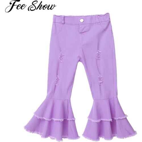 New Girls Ripped Jeans Fashion Flare Pants Pure Color Toddler Girl Jeans Elastic Waistband Layered Flared Trousers Kids Pants