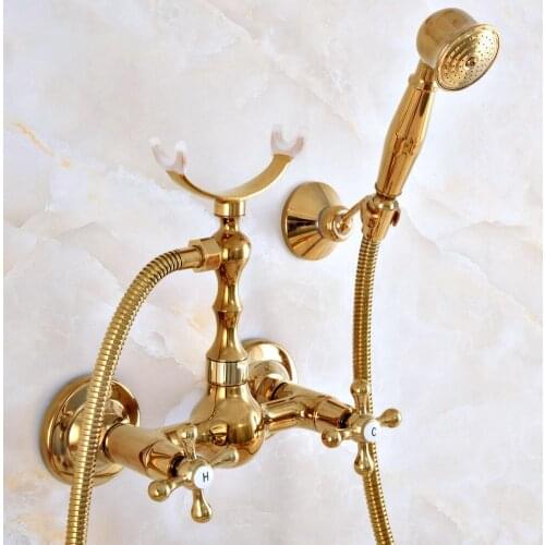 Modern Polished Gold Color Brass Wall Mount Bathtub Faucet with Handheld Shower Set +1.5M Hose Mixer Tap 2na942