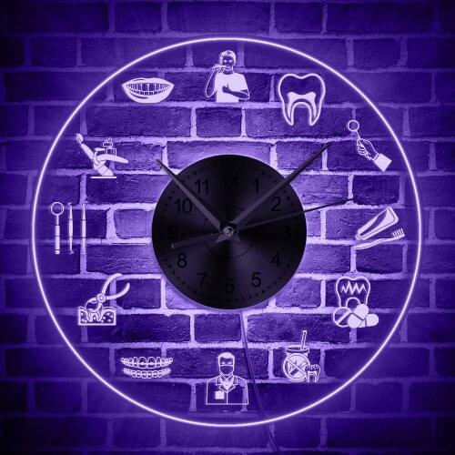 Dentist Tools LED Hanging Wall Clock Dental Practitioners Clinic Stomatological Hospital Orthodontics Wall Art Decor Wall Light