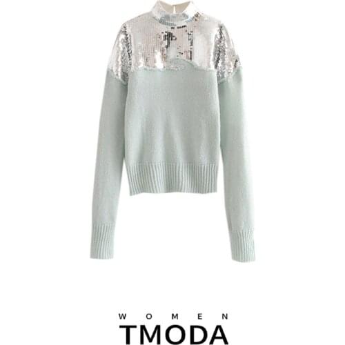 TMODA302 Womens Sweaters Winter Handmade Sequins Splice Mohair Knit Sweater Autumn Long Sleeve Tender Green Sweater And Pullover