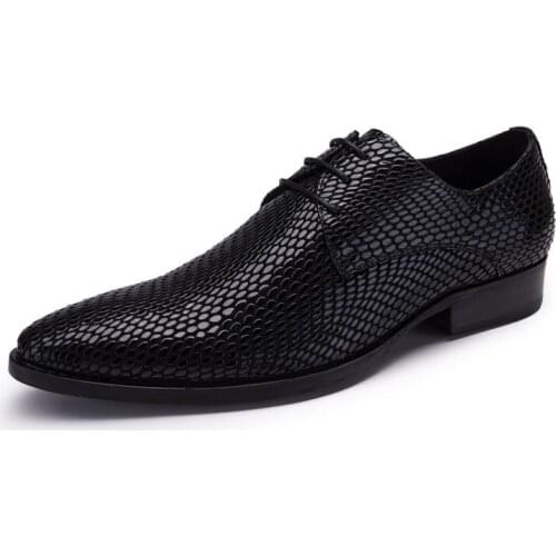England Style Men Pointed Toes Genuine Leather Snake Leather Lace Up Breathable Dress Shoes Men Low Top High Quality Shoes