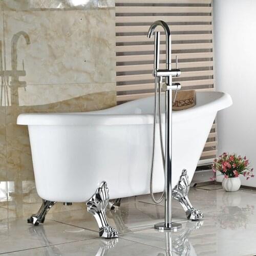 Vidric Chrome Free Standing Bathtub Mixer Faucet Dual Handles With ABS Handheld Shower Tub Filler