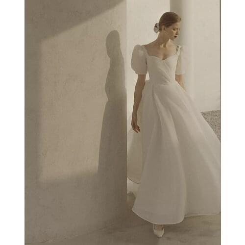 Princess Vintage Wedding Dress Square Collar Puff Sleeves Bride Dresses With Pearls Custom Made Suknia Slubna