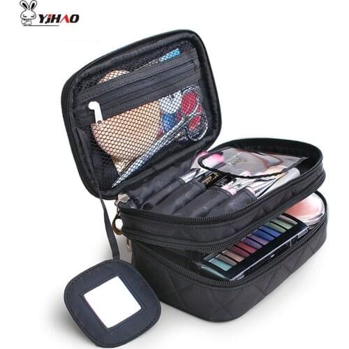 Yihao Diamond Lattice Double Layer Cosmetic Bags With Mirror Travel Functional Makeup Pouch Toiletry Case Box Organizer