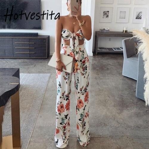 Hotvestita 2021 Sexy Flowers Print Sleeveless Bandage Strapless Crop Top Wide Leg Pants Woman Matching 2 Piece Sets Club Outfits