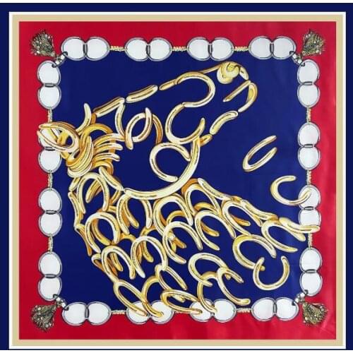 New 90x90cm Silk Scarf Women Metal Chain Print Satin Head Hijab Scarfs Luxury Brand Foulard Colors Beach Shawls Square Scarves