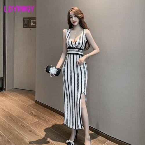 Womens 2021 new sexy backless split dress slim hip bag Office Lady Striped Sleeveless Zippers Regular