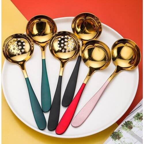 1 Pc Gold Round Soup Spoon Stainless Steel Strainer Cooking Colander Home Kitchen Stirring Scoop Widen Handle Dinnerware