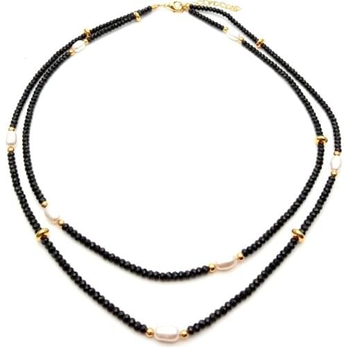 2 rows Natural Genuine faceted Rondelle black onyx Cultured white freshwater Pearl choker Necklace 17" for women