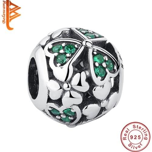BELAWANG Fashion Green Sterling Silver Leaf Clover Beads 925 Fit Charm Spring Bracelet Bangle Dark Green CZ Jewelry