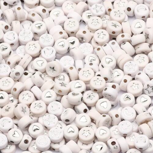 White Silvered Mixed Flower Star Moon Heart Acrylic Beads Round Letter Loose Spacer Beads For Jewelry Making Diy Bracelet 4*7mm