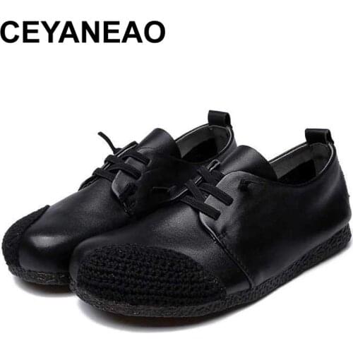 CEYANEAO100% Soft Genuine Leather Comfort Flat Shoes Woman Shoes 2019 best seller lace up Casual Fashion Shoes Flat Shoes Black