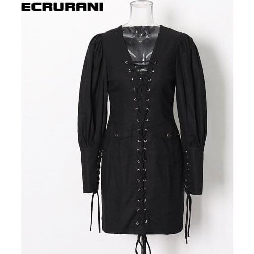 ECRURANI Patchwork Black Mini Dresses For Women V Neck Puff Long Sleeve High Waist Bandage Solid Females Dress 2021 Autumn Style