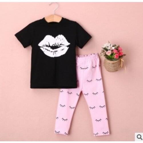 2pcs baby set Newborn Infant Kids Baby Girls Clothes Set Big Lip Black T-shirt +Pink Eyelash Pant Outfits Clothes Set 0-4Y