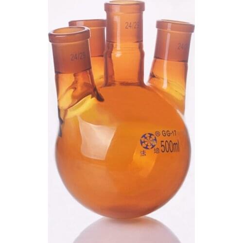 Brown Four-necked flask straight shape,with four necks standard grinding mouth,Capacity 500ml,Four ground mouth 24/29