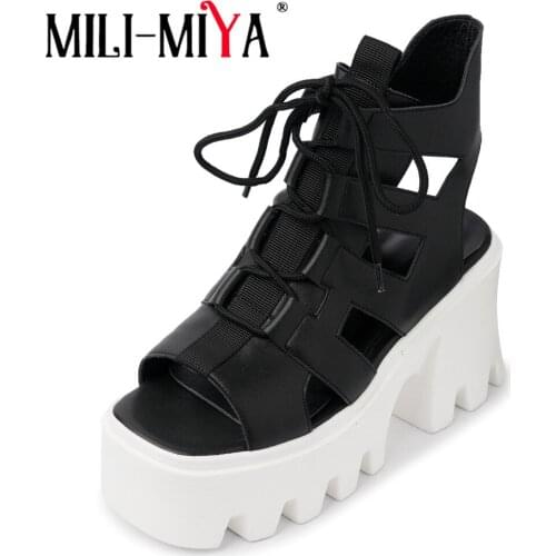 MILI-MIYA Women New Brand Platform Chunky Heels Summer Lace Up Thick Bottom Slingback Sandals Peep Toe Comfort Street Style Shoe