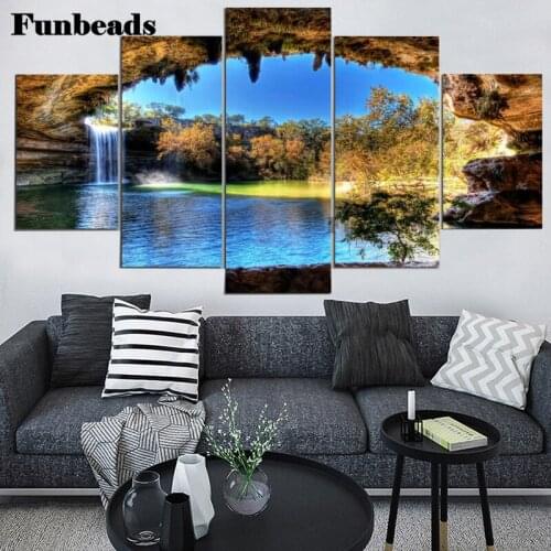 Nature waterfall Landscape diamond Painting Sunshine Rock cave Lake embroidery with diamond mosaic icon 5 pcs set decor FF5879