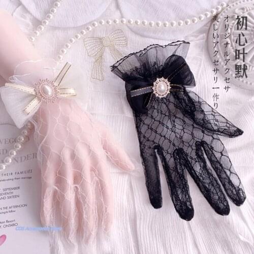 Original Lolita Lace Bride Gloves Cosplay Handmade Flower Wedding Gloves Tea Party Gorgeous Elegant Girl Summer Bow Hand Cuff