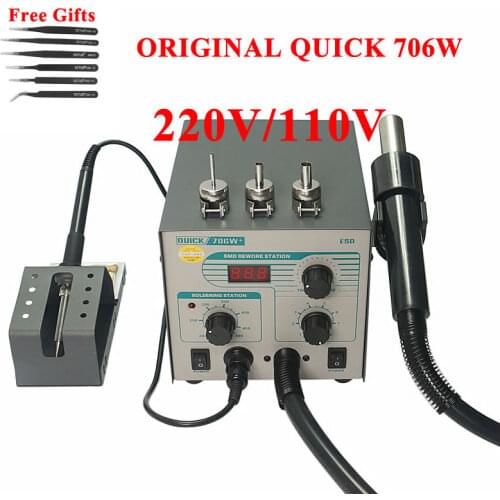 Original Quick 706W+ Hot Air Gun Soldering Iron Anti-static Temperature Lead-free Rework Station 2 in 1 With 3 Nozzles and Kit