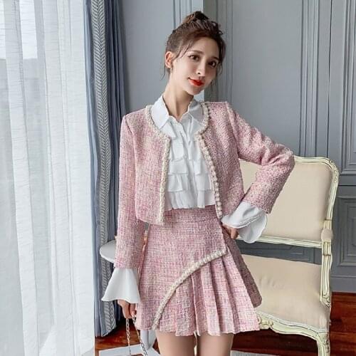 Autumn Winter High-End Tweed 3 Piece Set Women Pearls Beading Short Jacket Coat+Mini Pleated Skirt+Ruffles White Chiffon Shirts