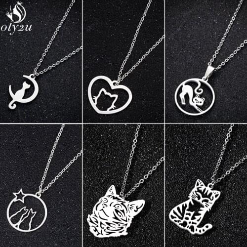 Oly2u Stainless Steel Cat Necklace Cat on the Moon Cute Kitten Necklaces Kids Collares Female Simple Jewelry Pet Lovers Gifts