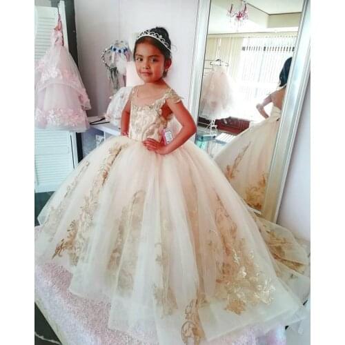 Golden Lace Applique Beading Flower Girls Dresses Champagne Girls Lace Applique First Communion Dresses Ball Gowns Custom