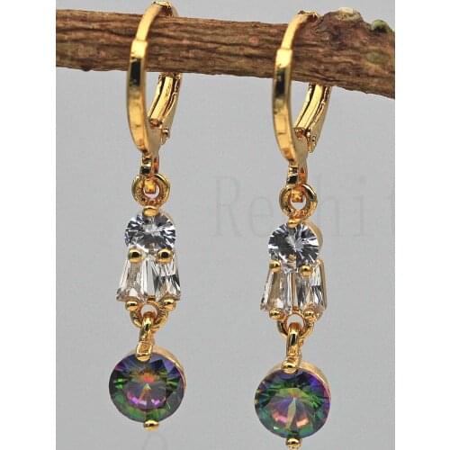Luxury Drop Earrings for Women Gold Color Earring With Round Rainbow Zircon Trendy Jewelry for Wedding Anniversary Gift