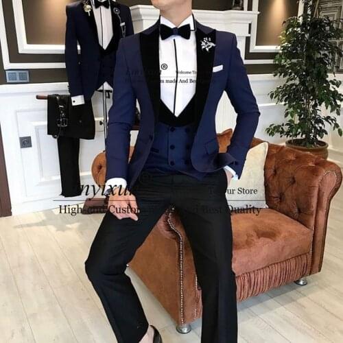 Navy Blue Costume Homme Business Mens Suits Wedding Suits For Men Ternos Masculinos Slim Fit Tuxedos 3 Piece(Jacket +Pants+Vest)