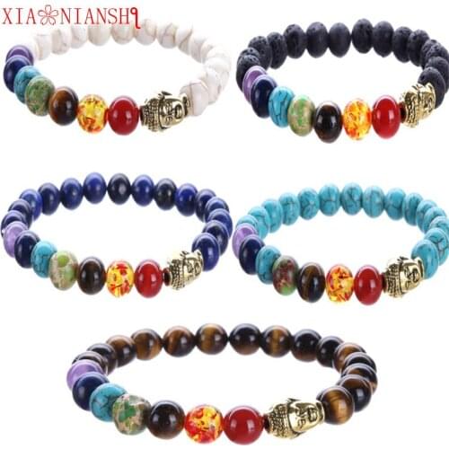XIAONIANSHI Top Quality 7 Chakras Yoga Bracelets For Men Women Healing Balance Beads Golden Buddha head Natural Stone Bracelets