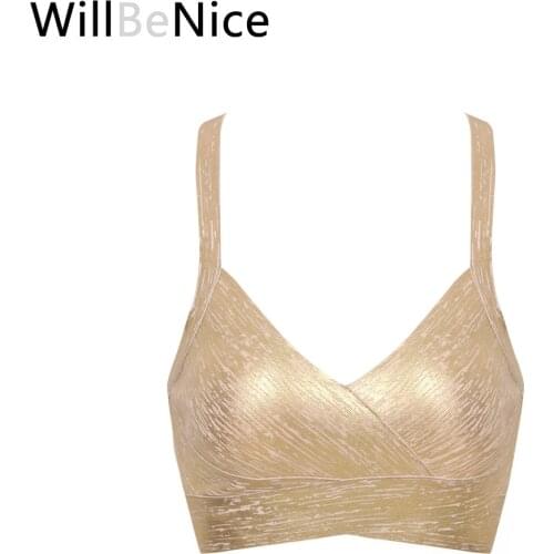 WillBeNice 2019 Gold Silver Foil Print V Neck Camis Short Sexy Lady Crop Knitted Bandage Top Cross Straps Bandage Tops Club Vest