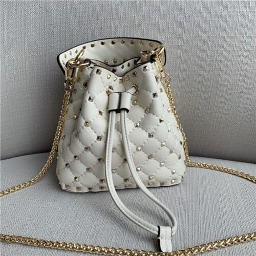 Women Rivets Brand Studded Small Bucket Handbag Lady Party Mini Sheepskin Real Leather Totes Chain Sling Shoulder Crossbody Bag