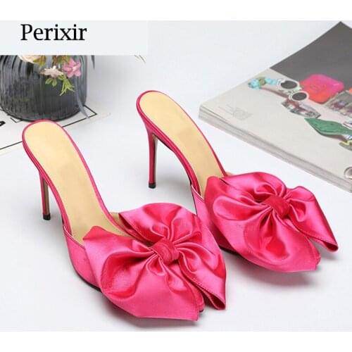 Perixire Design New Women Sandals Silk Sheepskin Pink Butterfly Knot Thin Heel Sweet Style Lady Party Shoes In Summer Large Size