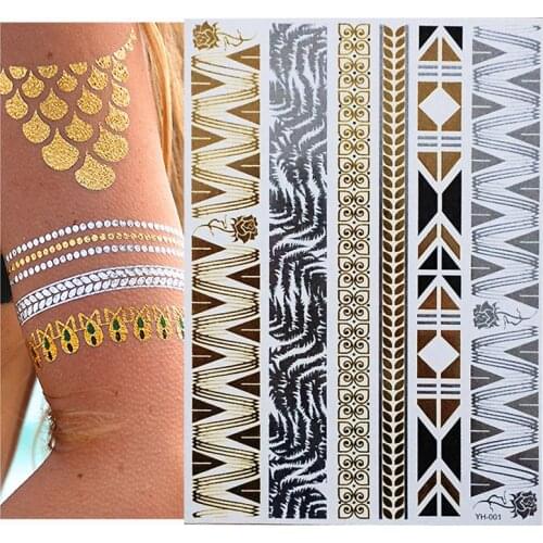 Womens Sexy Leaves Rose Tattoos Metalic Gold Silver Flash Temporary Waterproof Tattoo Stickers