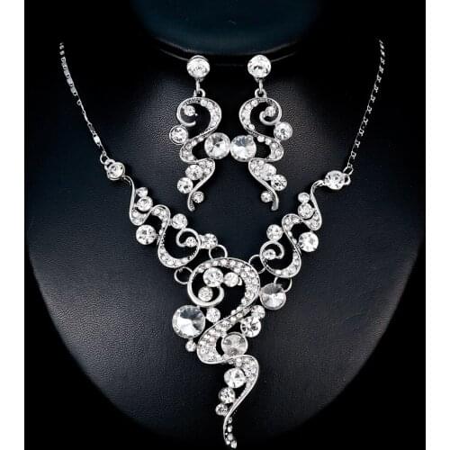 Womens Fashion Bridesmaid Crystal Necklace Earrings Set For Women 2 Pieces Wedding Bridal Jewelry Sets