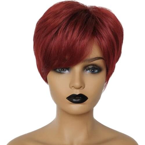 Womens Wine Red Short Wig with Hair Bangs Human Hair Full Hair Wig Short Straight Layered Wig for Lady