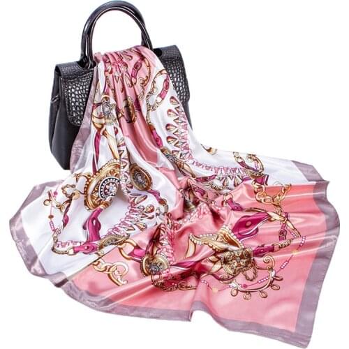 Women Fashion Square Scarf Bandana Muslim Hijab Euro Style Belt & Tassel Print Shawl Soft Satin Kerchief 35"35"