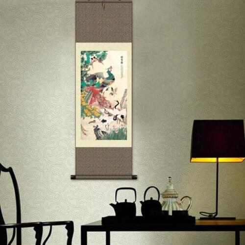 1pc Quality Traditional Home Decoration Chinese Silk Scroll Painting Peacock Crane Gongbi Painting S151