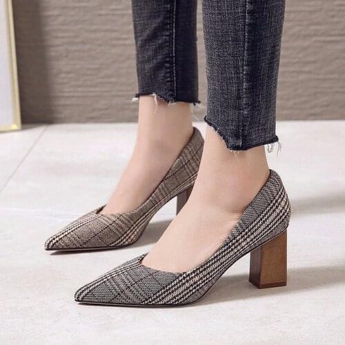 2020 New Women Shoes Woman Pumps Retro Thick High Heels Work Shoes Pointed Toe Slip on Shallow Solid Plaid Cloth Ladies Shoes