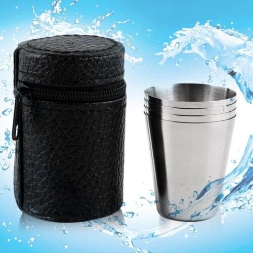 4Pcs 30ml Mini Stainless Steel Cup Outdoor Camping Hiking Water Glass with Storage Bag