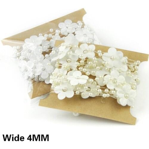 5Yards/lot 4MM Wide White Beige 3d Flowers Lace Connected Beads Chain Ribbon Banquet Party Wedding Home Furnishing DIY Material