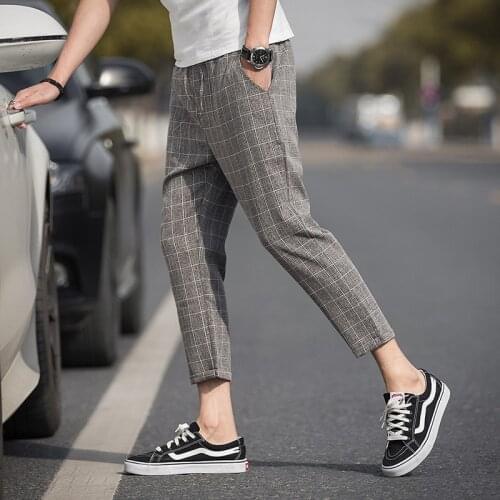 High Quality Mens Casual Pants 2021 Spring and Summer Linen Plaid Retro Fashion Casual Pants Mens Solid Color Nine-point Pants