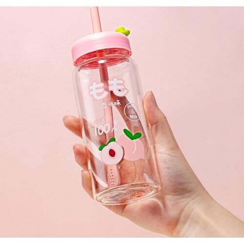 Water bottle cute fruit straw creative student couple transparent glass water cup cup with lid juice drink water cup gift office
