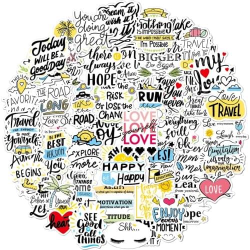 50pcs New English Inspirational Letter Sticker For Outdoor Laptop Cup Trolley Case Suitcase Helmet Book Notebook Waterproof DIY