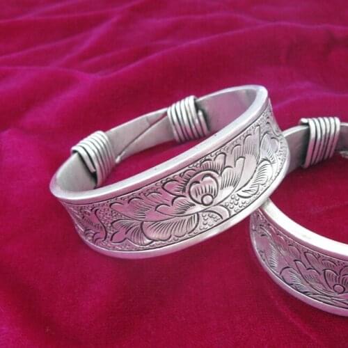 Guizhou Miao Traditional Ornaments Handmade Miao Silver Thick Bracelets Double Phoenix Peony Bracelets