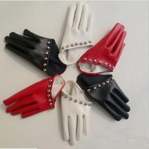 Good quality! Womens fashion rivet gulps half palm PU leather gloves womens club dance party glove white black red color