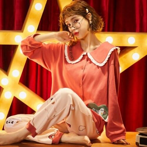 Kawaii Red Doll Collar Lace Pajama Set Autumn Cotton Long Sleeve Pajamas Cute Cartoon Green Love Pocket Women Homewear Sleepwear