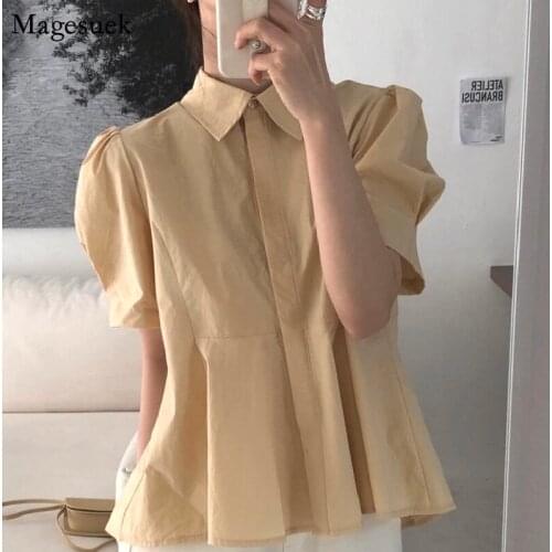 Korean Chic Summer Woman Shirt 2021 Fashion Casual Plus Size Tops Retro Back Pleated Office Lady Loose Puff Sleeve Blouses 15364