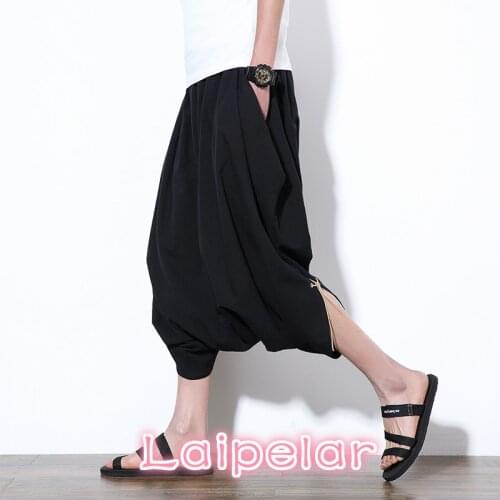 Chinese Style Summer Men Pants Fashion Drop Crotch Loose Casual Pant Mens Plus Size Cotton Solid Calf-length Mens Trousers