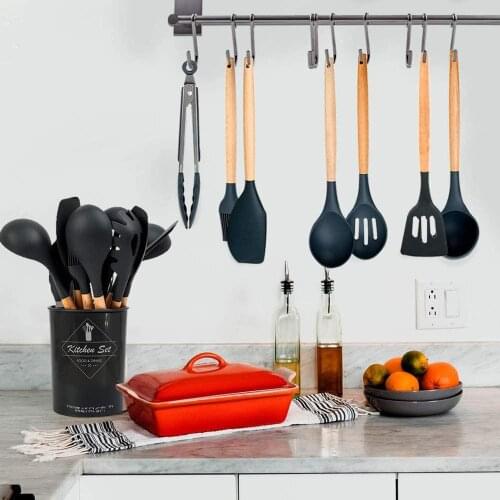 Best Silicone Cooking Utensil Set Non-stick Spatula Soup Spoon Brush Ladle Pasta Colander Wooden Handle Kitchenware Tools